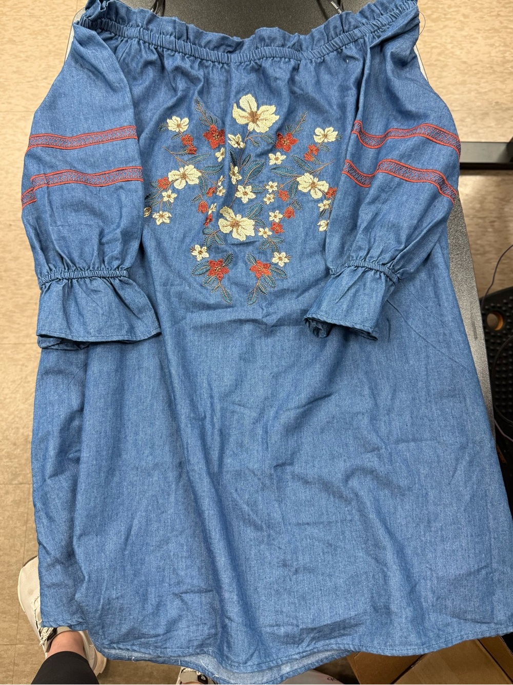 Blu Pepper Blue Off-Shoulder Denim Dress with Floral Embroidery